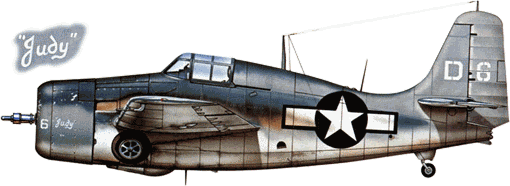 Истерн Эркрафт FM-2 из VC-14 с эскортного авианосца "Хоггат Бей" (CVE-75) в трехцветном флотском камуфляже - темно синие верхние, серо-синие боковые и киль, белые нижние поверхности. Этот Уайлдкэт несет на капоте имя "Judy", что на авианосных самолетах встречалось редко.