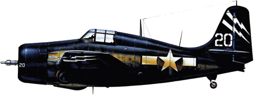 Темно-синий Истерн Эркрафт FM-2 из VC-88 с эскортного авианосца "Хоггат Бей" (CVE-75), июль 1945 г. Двойную белую молнию на киле - опознавательный знак дивизиона VC-88, несли также TBM Эвенджеры, входящие в дивизион.